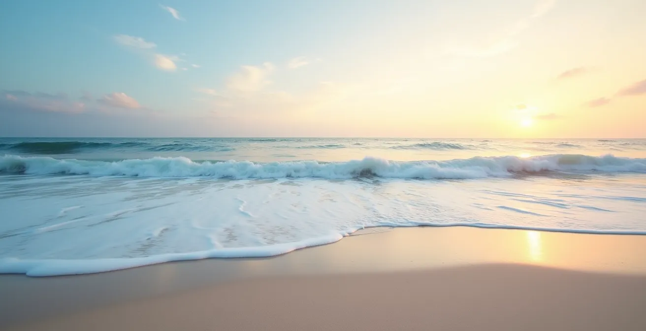 Vue large d'un océan calme avec des vagues douces au coucher du soleil