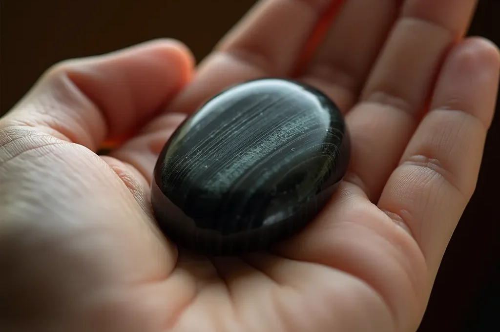 Gros plan sur une main tenant une pierre de tourmaline noire polie, mise au point sélective