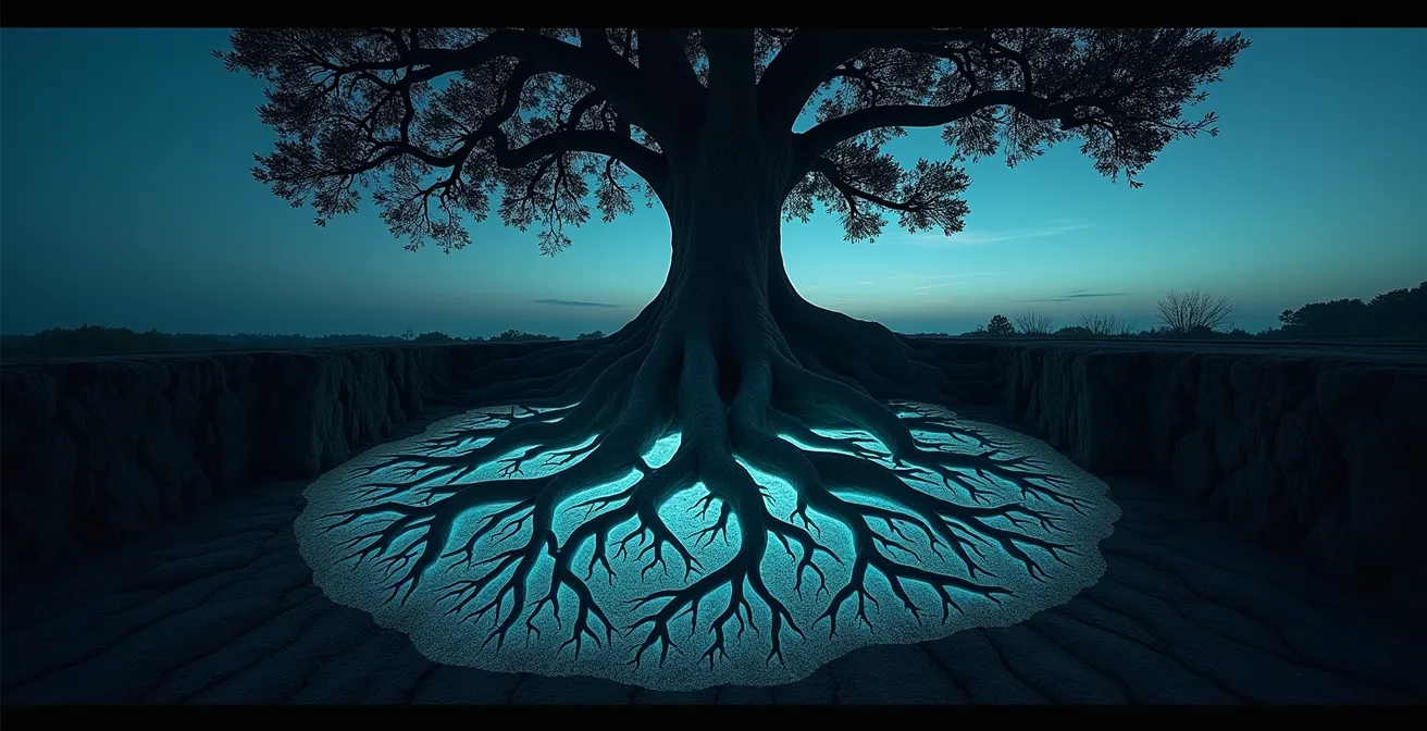 Arbre aux racines lumineuses s'étendant dans la terre représentant les croyances profondes