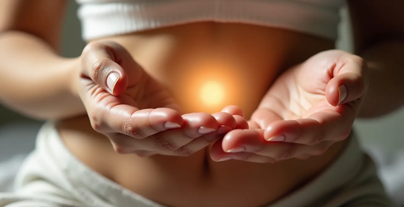 Vue rapprochée de mains posées sur différentes zones du corps pour un auto-diagnostic énergétique