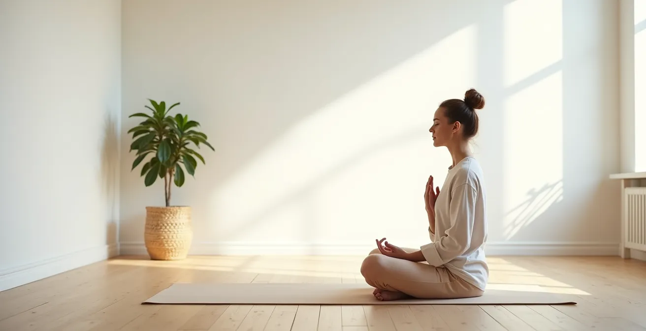 Personne pratiquant l'auto-traitement Reiki dans un environnement paisible et lumineux