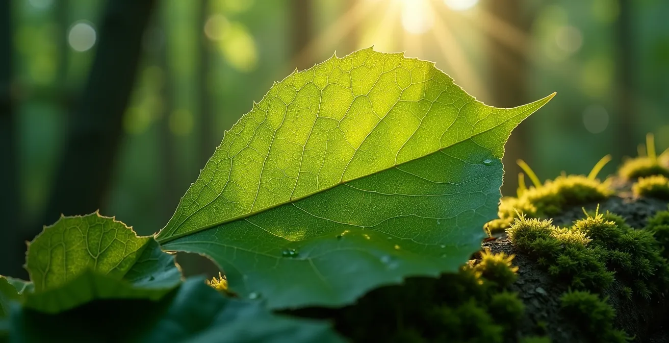Vue immersive d'une forêt avec jeu de lumière naturelle à travers le feuillage