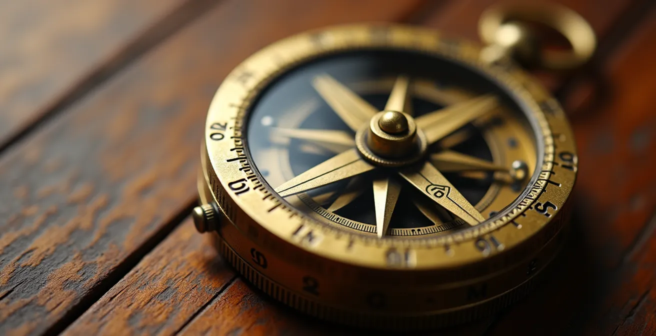 Gros plan macro sur une boussole ancienne en laiton avec reflets dorés