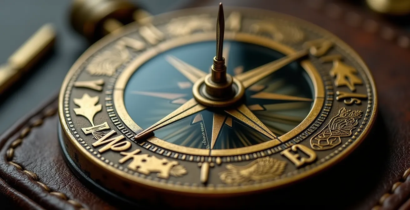 Une boussole ancienne avec des symboles représentant différentes valeurs personnelles à la place des points cardinaux