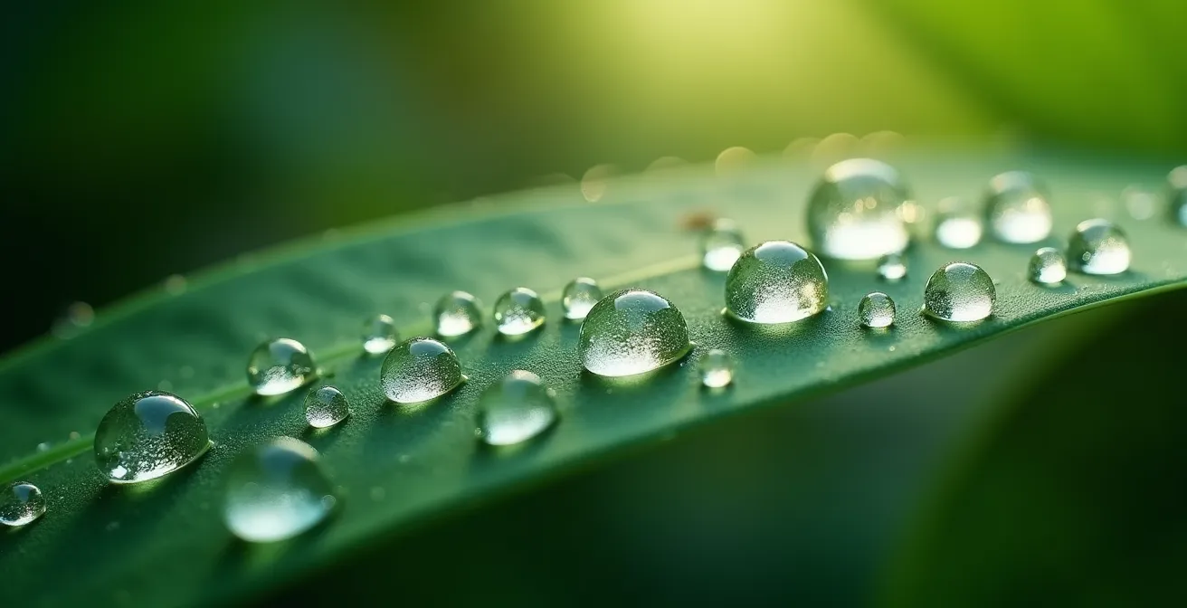 Vue macro de gouttes d'eau parfaitement symétriques représentant l'équilibre respiratoire
