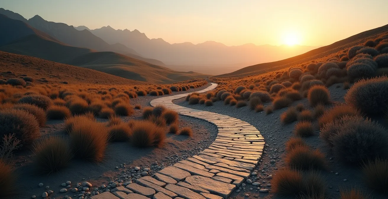 Chemin sinueux symbolisant l'évolution spirituelle du praticien Reiki à travers différentes étapes.
