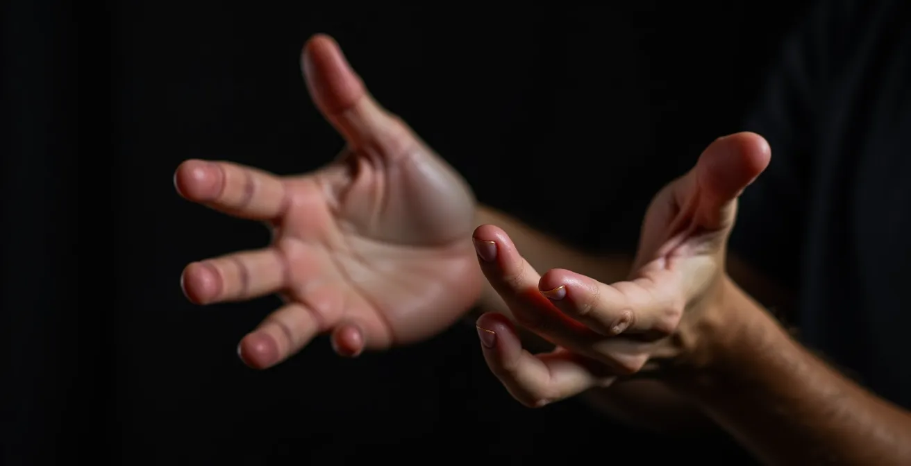 Mains expressives en mouvement capturées en macro montrant la connexion entre geste et pensée
