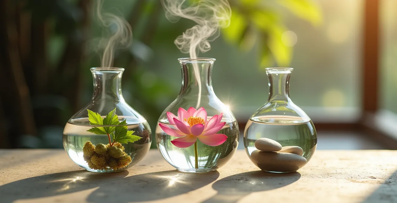 Représentation symbolique des trois énergies vitales Qi, Prana et Ki dans leurs contextes culturels