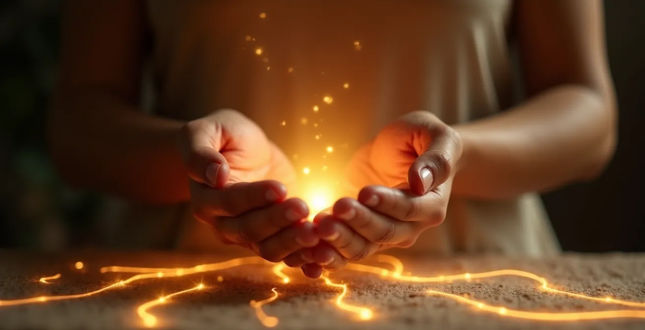 Représentation visuelle de la circulation énergétique entre chakras et méridiens dans le corps