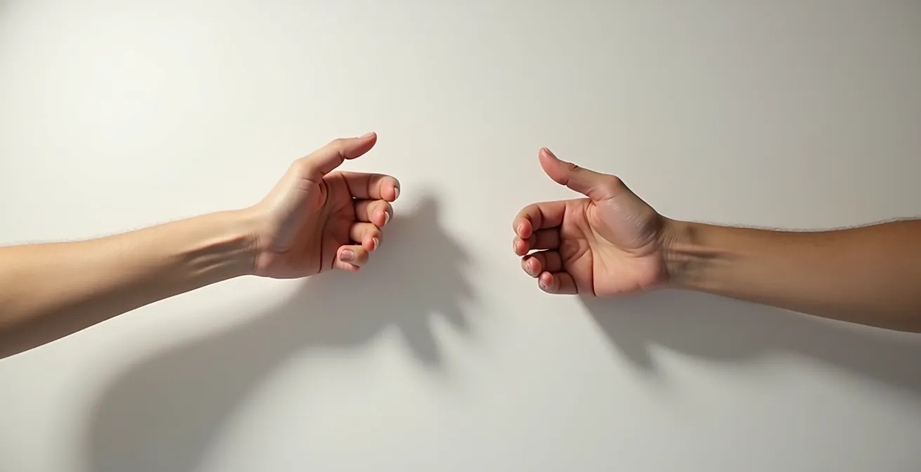 Vue symbolique de mains tendues montrant différentes zones de tension corporelle