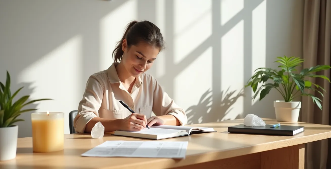 Visualisation d'un rituel de clarté mentale avec journaling et méditation