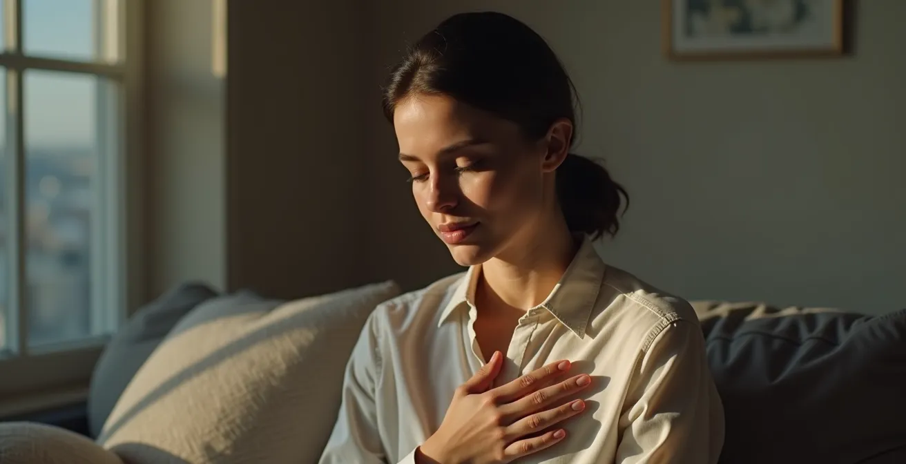 Personne assise les yeux fermés, main sur le cœur, dans un moment d'écoute intérieure profonde