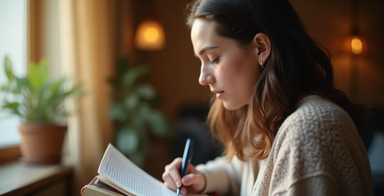 Portrait rapproché d'une personne écrivant dans un journal avec concentration et sérénité