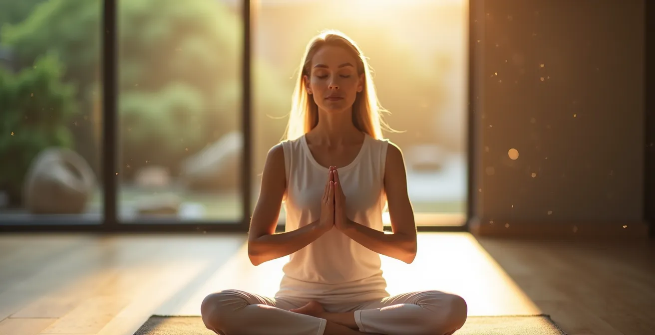 Praticien en méditation pour le nettoyage énergétique dans un espace de pratique épuré