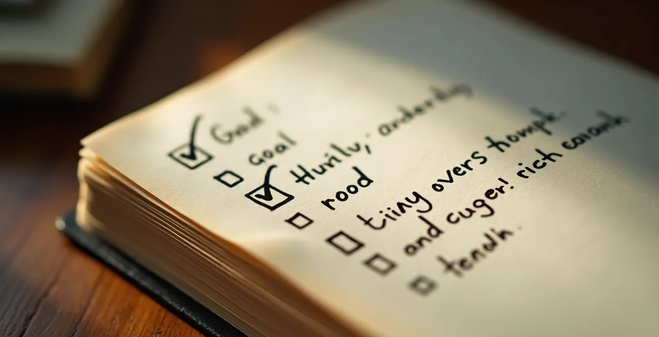 Journal ouvert avec liste de petits engagements cochés, lumière douce du matin