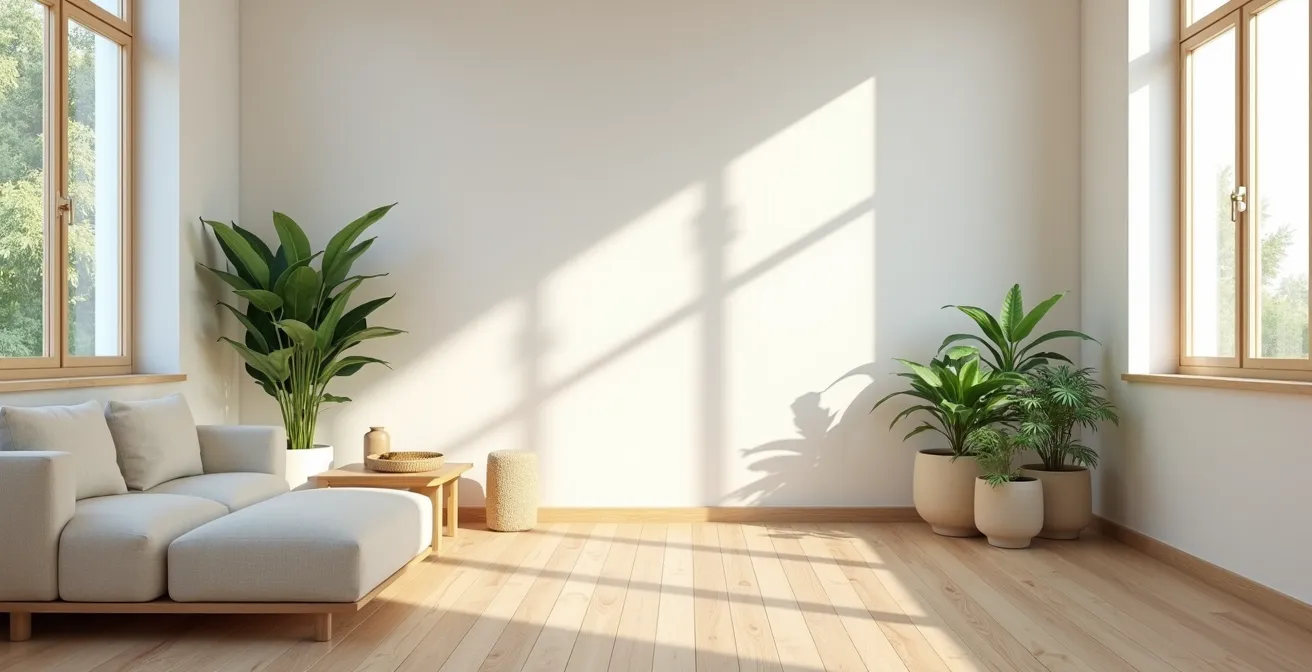 Vue d'ensemble d'un salon minimaliste avec lumière naturelle traversant de grandes fenêtres