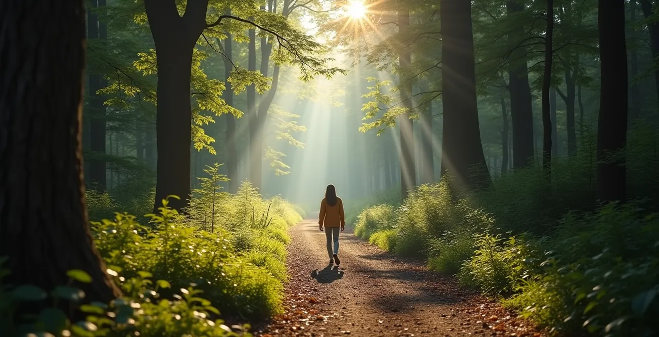 Silhouette vue de dos marchant seule sur un sentier forestier baigné de lumière