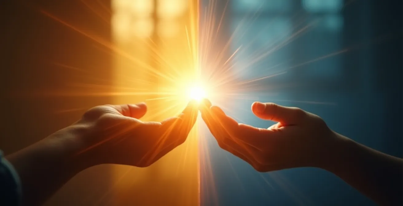 Métaphore visuelle montrant la différence entre magnétiseur et canal énergétique avec des mains lumineuses