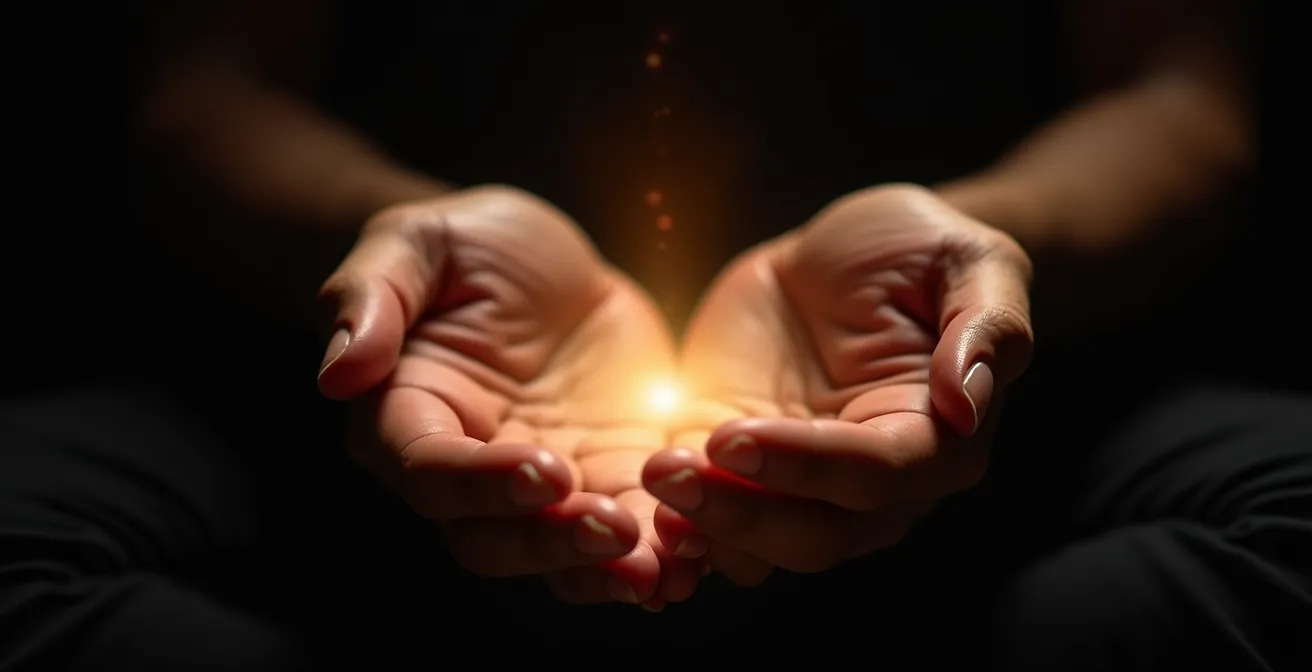 Détail macro des mains d'un magnétiseur pendant un soin énergétique