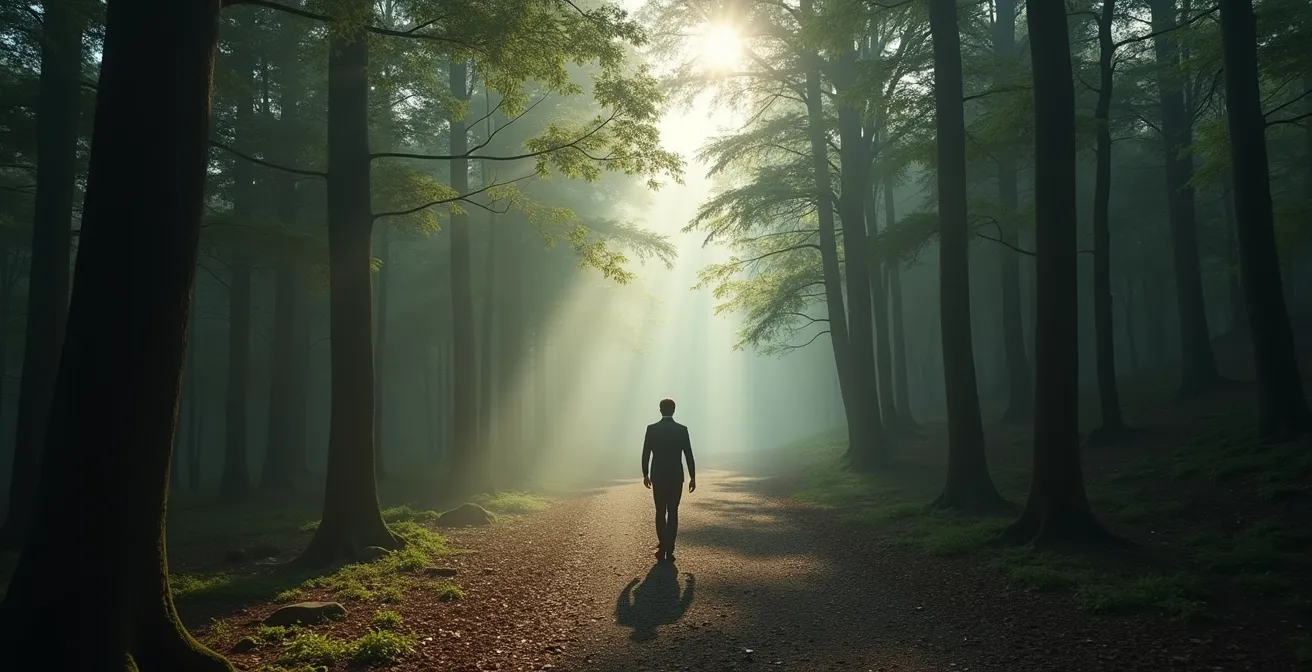 Vue grand angle d'une personne marchant seule sur un sentier forestier baigné de lumière naturelle