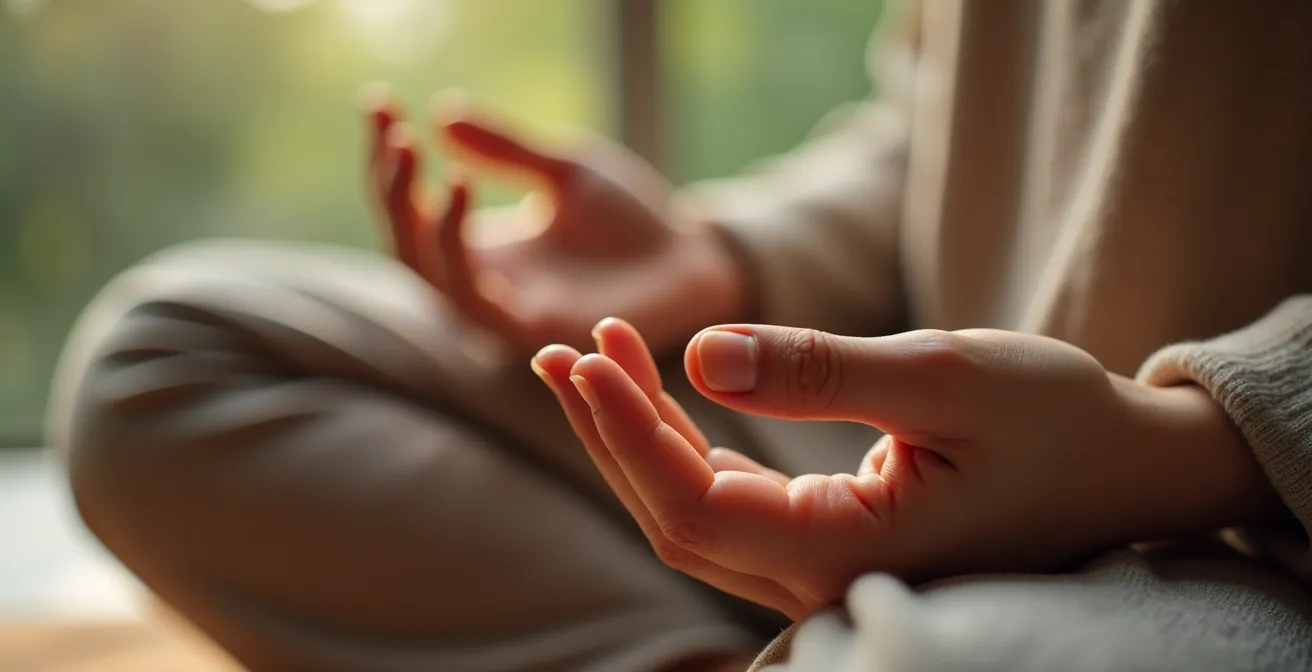 Personne en méditation profonde avec main posée sur le plexus solaire en position assise