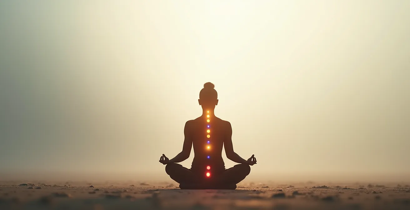 Silhouette humaine en position assise avec sept points lumineux colorés alignés le long de la colonne vertébrale