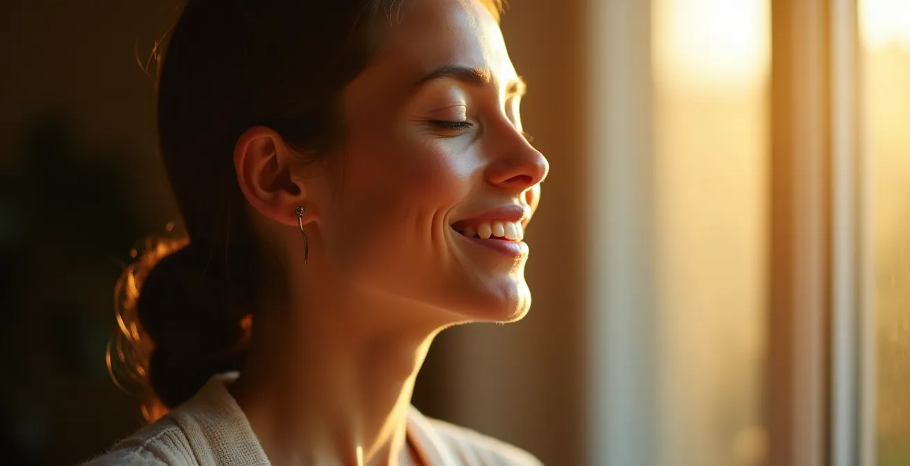 Portrait en lumière naturelle douce d'une personne les yeux fermés, visage serein exprimant la paix intérieure