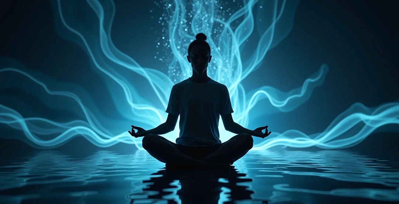 Personne pratiquant la méditation avec visualisation métaphorique du cerveau apaisé