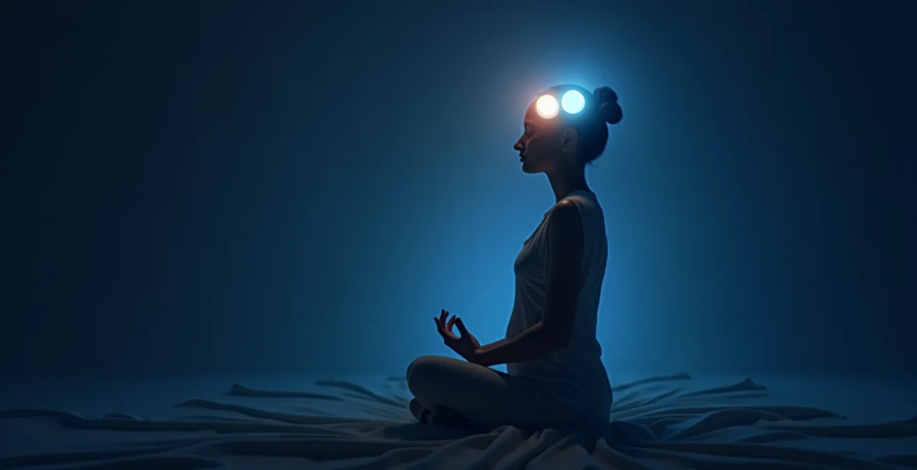 Personne en méditation Reiki avec visualisation subtile des trois centres énergétiques de la tête, du cœur et du ventre.