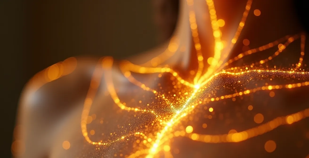 Vue macro détaillée de lignes lumineuses dorées sur une peau humaine suggérant les méridiens énergétiques
