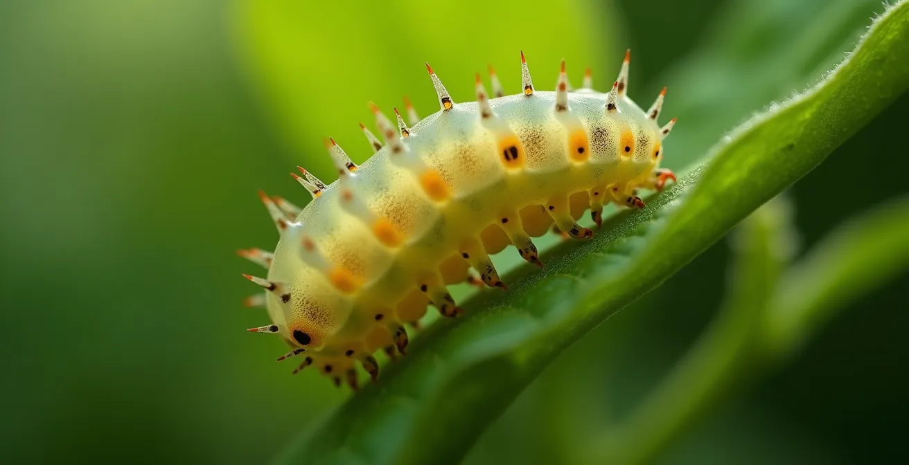 Chrysalide de papillon en transformation, métaphore de la croissance à travers l'épreuve