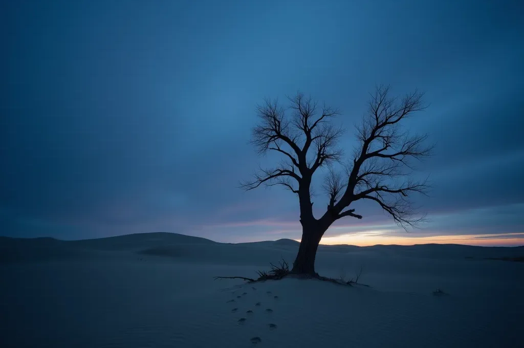 Paysage nocturne avec une lueur d'aube naissante symbolisant la fin de la nuit noire de l'âme