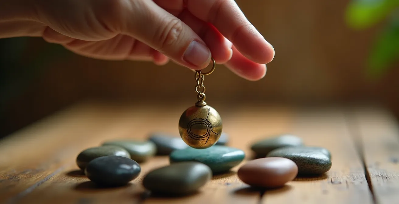 Main tenant un pendule au-dessus de points chakras pour identifier les blocages énergétiques