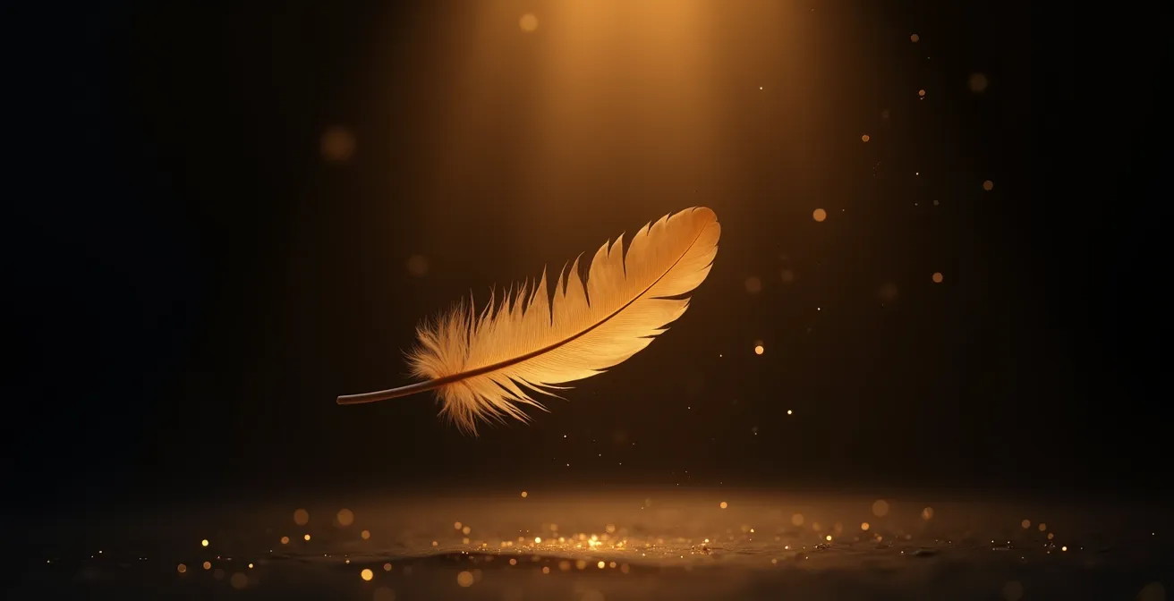 Plume dorée flottant dans l'air, symbolisant la renaissance après la transformation