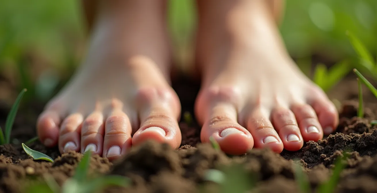 Gros plan artistique sur des pieds nus sur terre naturelle, évoquant l'enracinement et la connexion à la terre