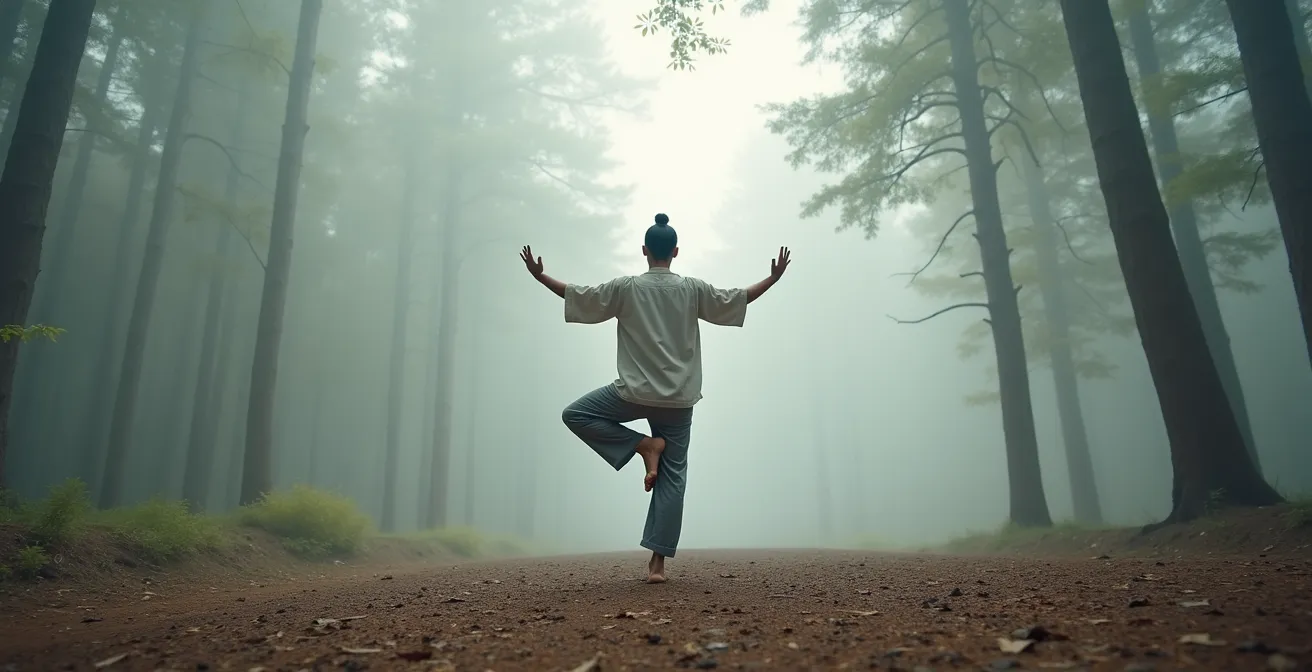 Personne pratiquant la posture de l'arbre en pleine nature, bras arrondis devant le corps, pieds fermement ancrés au sol