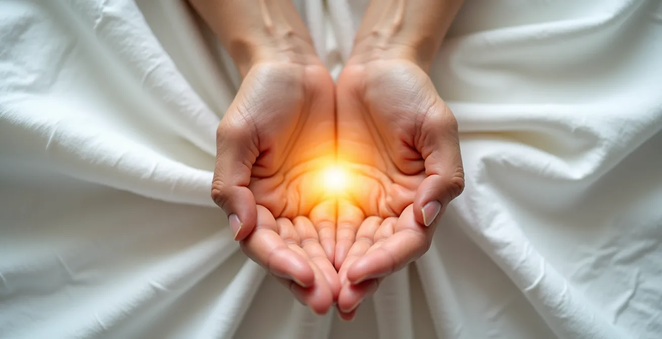 Mains en position d'auto-traitement Reiki sur le plexus solaire avec aura lumineuse