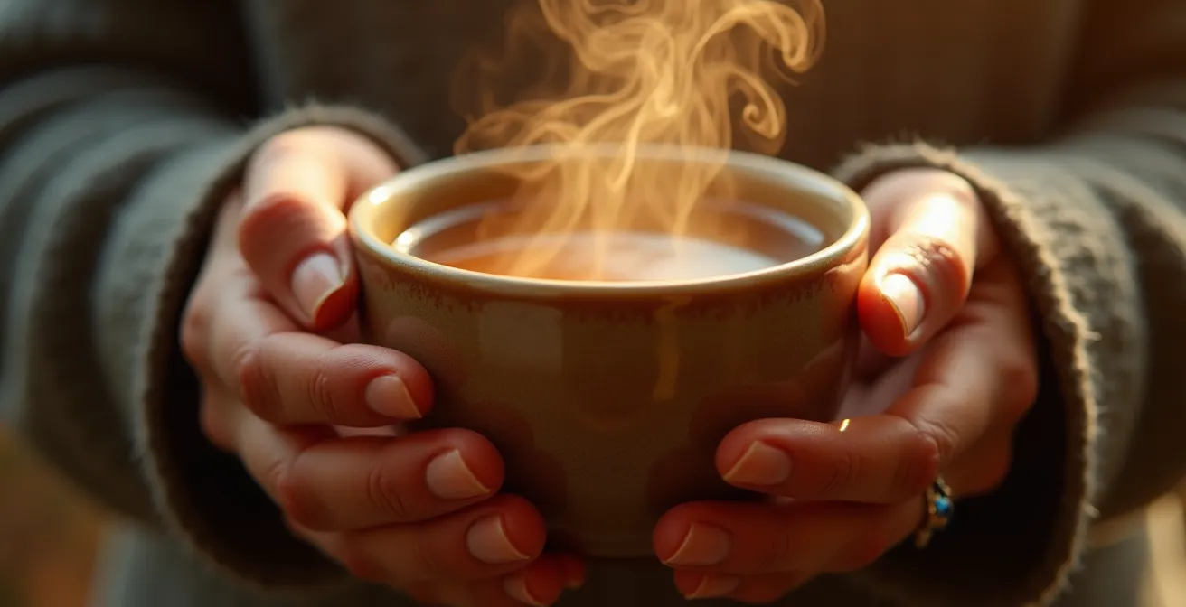 Gros plan sur des mains tenant délicatement une tasse de thé fumante dans la lumière dorée du matin