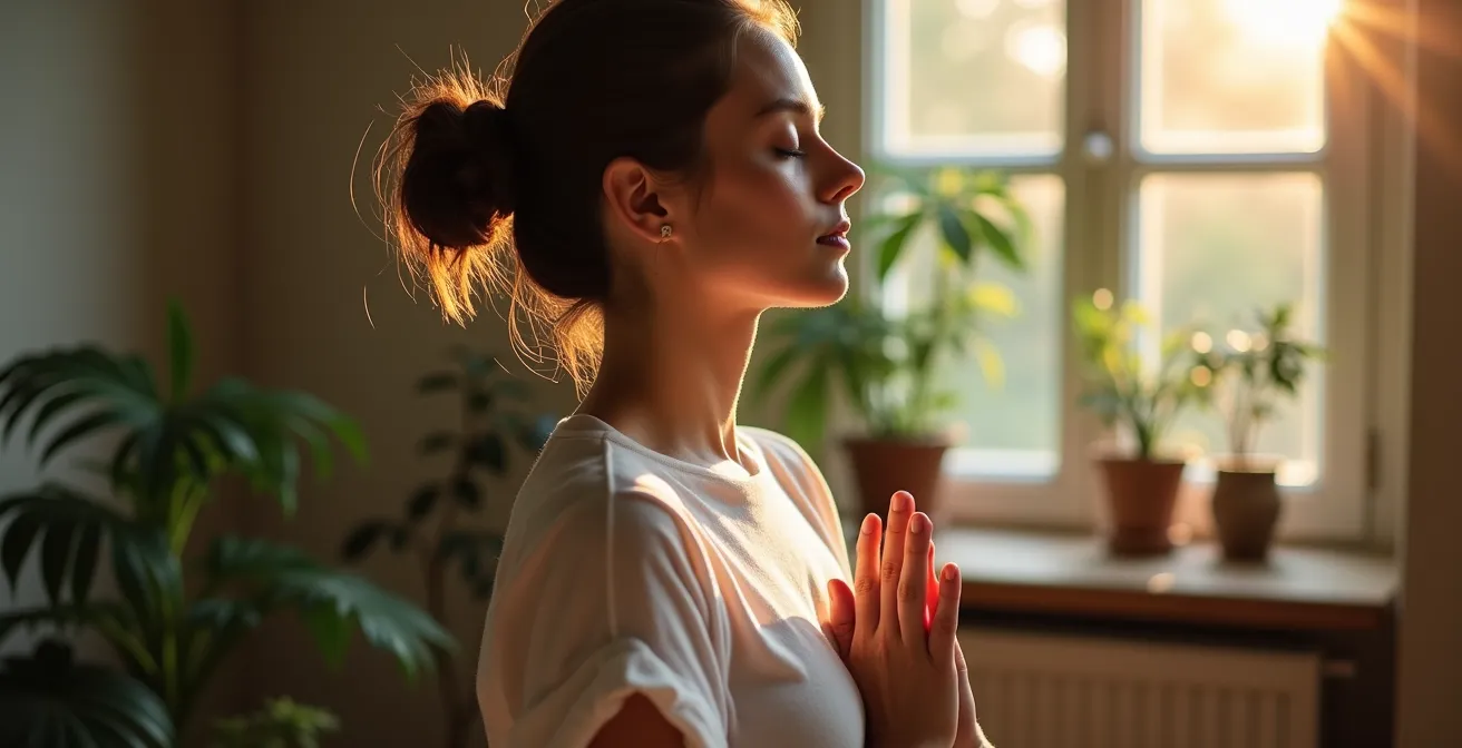 Personne pratiquant la respiration consciente dans un environnement matinal apaisant