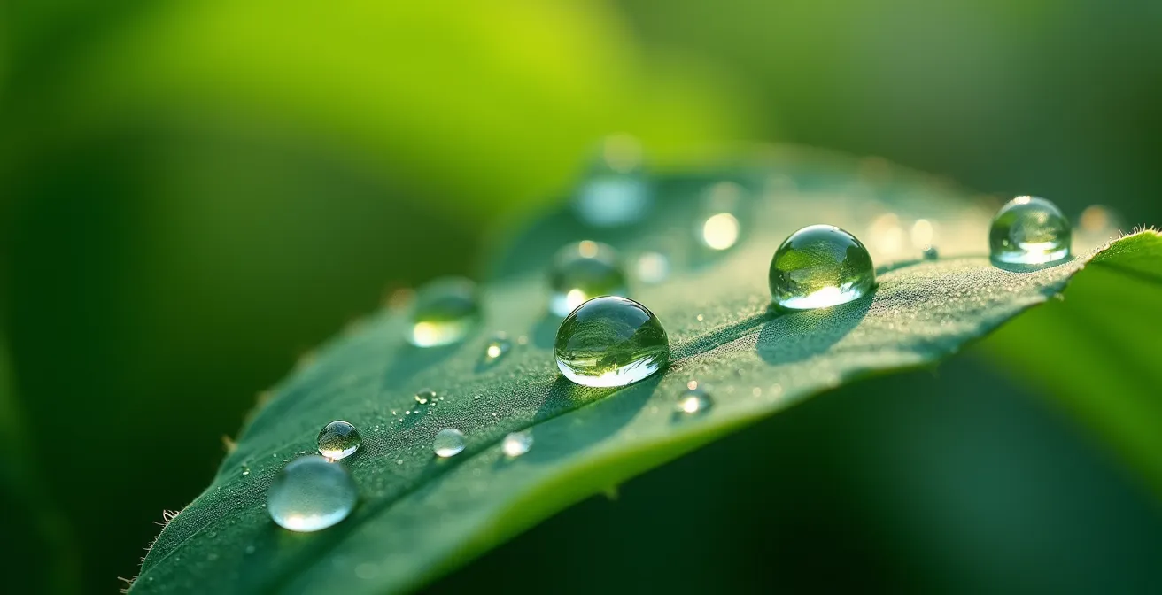 Gros plan macro sur des gouttes de rosée sur une feuille verte, créant des microcosmes lumineux avec reflets irisés