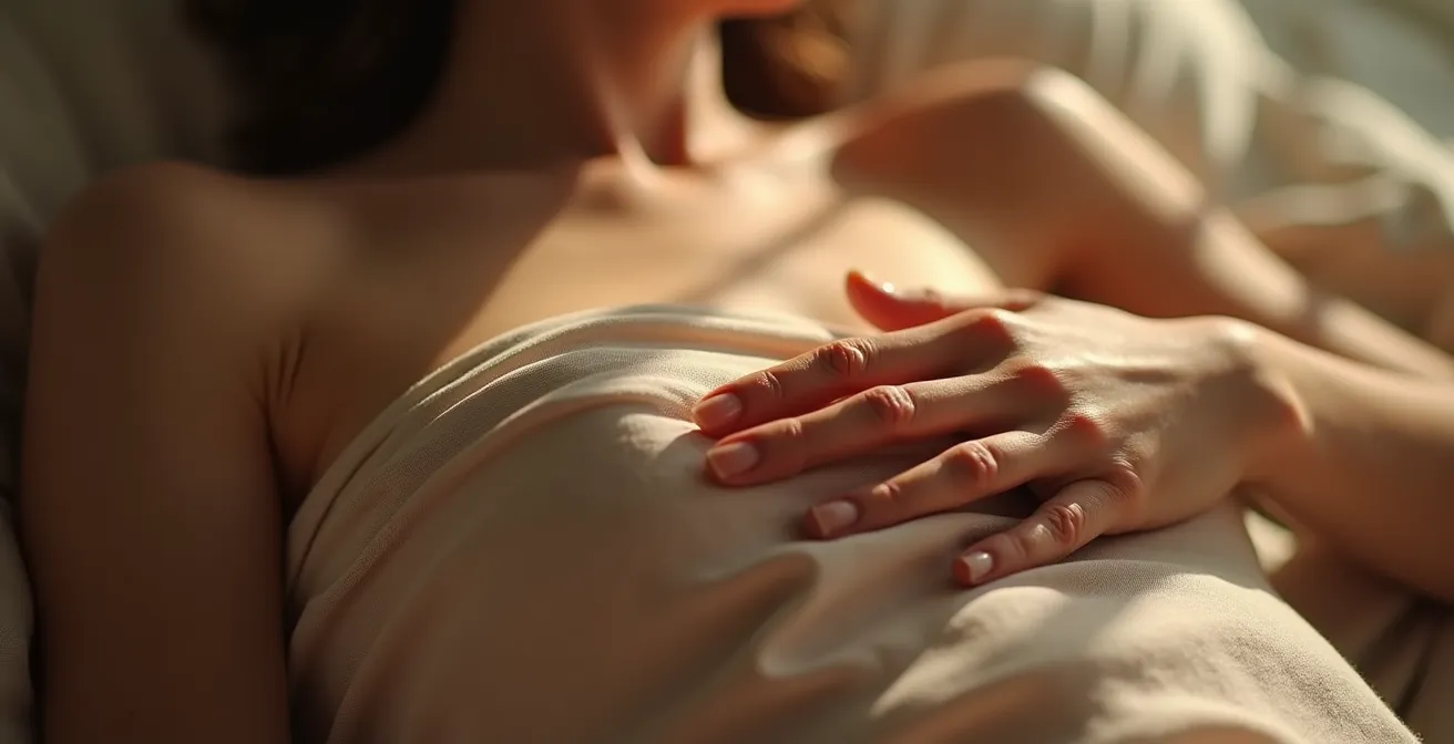 Vue macro d'une main posée sur le thorax ressentant la respiration lors d'un scan corporel