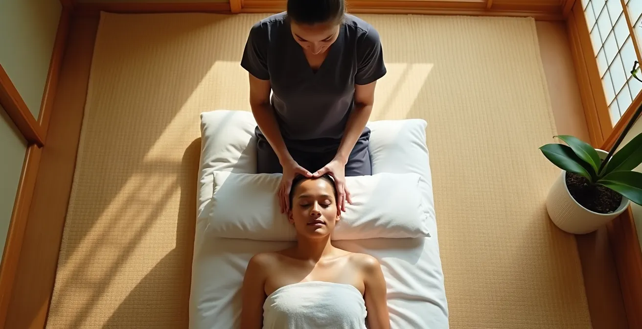 Vue d'ensemble d'une séance de Reiki montrant les positions des mains du praticien