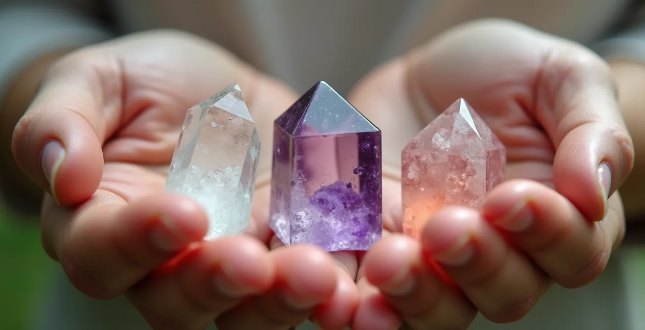 Gros plan sur des mains tenant délicatement différents cristaux pour ressentir leur énergie