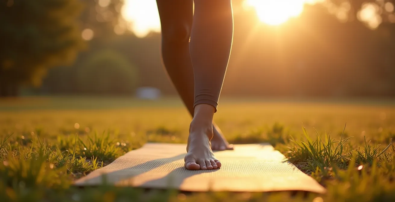 Pratiquante de yoga en posture de la montagne Tadasana sur un tapis, pieds fermement ancrés au sol