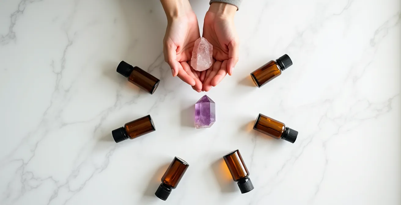 Flacons d'huiles essentielles disposés en cercle avec cristaux et mains en position de Reiki au centre