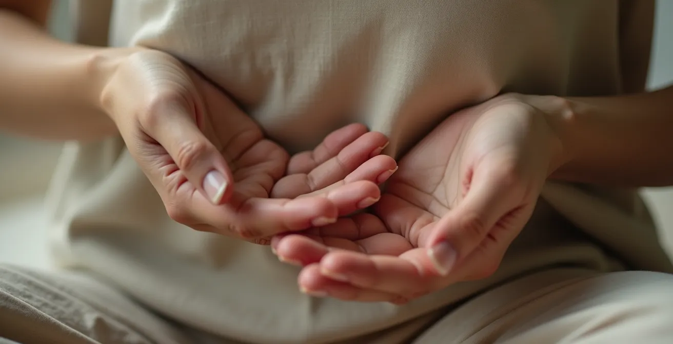 Mains posées sur l'abdomen illustrant la respiration profonde
