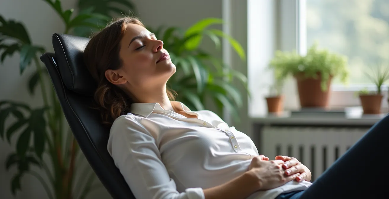 Personne pratiquant la sieste flash NSDR dans un espace de travail épuré