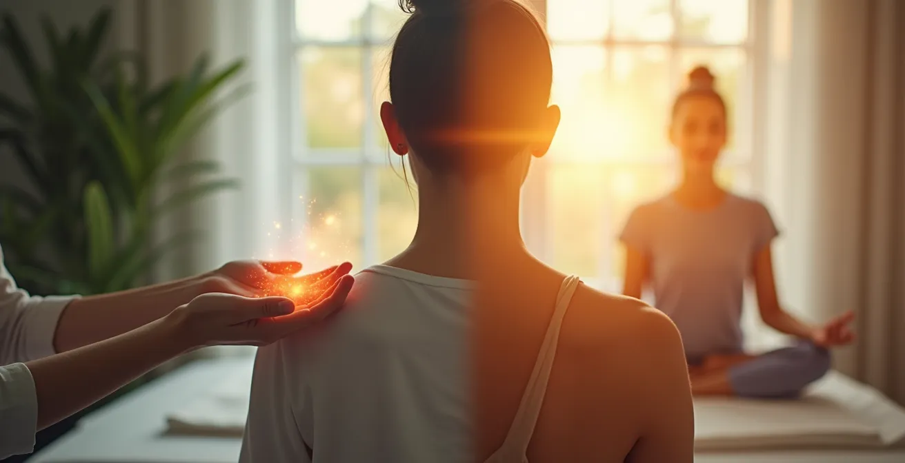 Comparaison visuelle entre soins énergétiques avec et sans contact physique