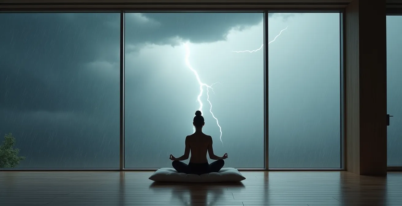 Espace intérieur minimaliste avec une personne assise calmement face à une tempête visible par la fenêtre.