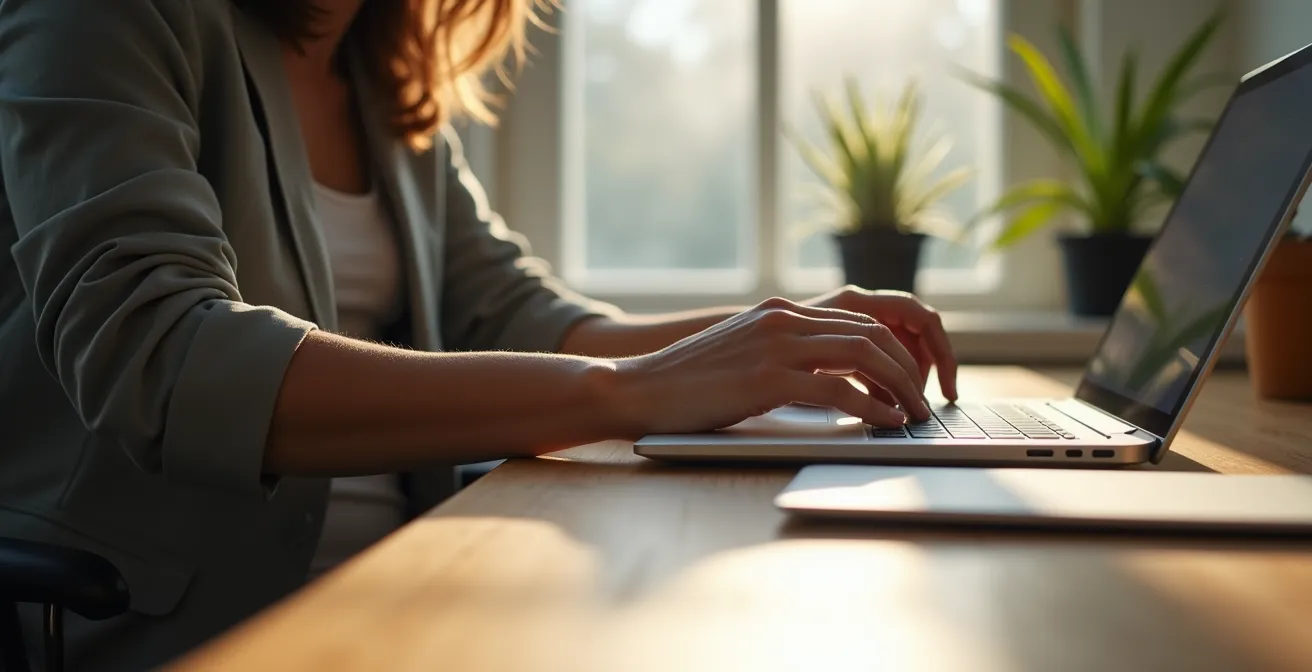 Personne assise à un bureau, mains posées calmement, lumière naturelle créant une atmosphère apaisante